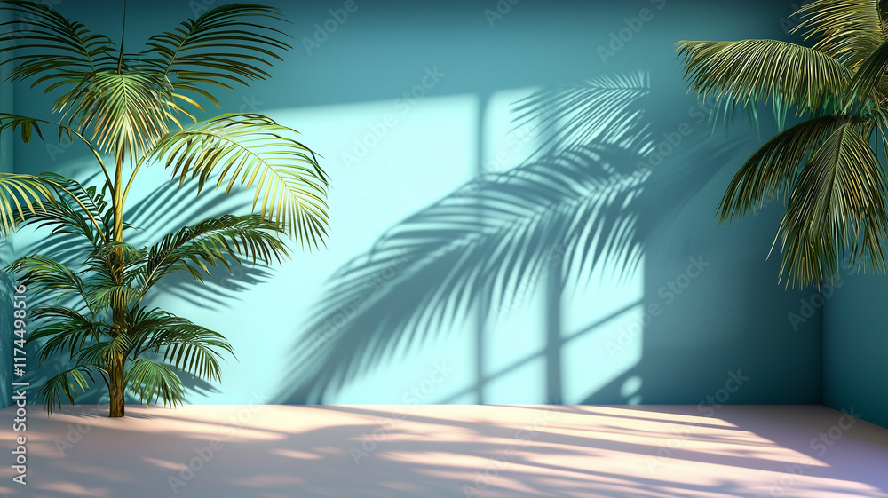 Fototapeta premium minimalist concept with palm leaves casting shadows on a blue wall and pastel floor, creating a summer tropical beach background in an empty room ideal for product placement 
