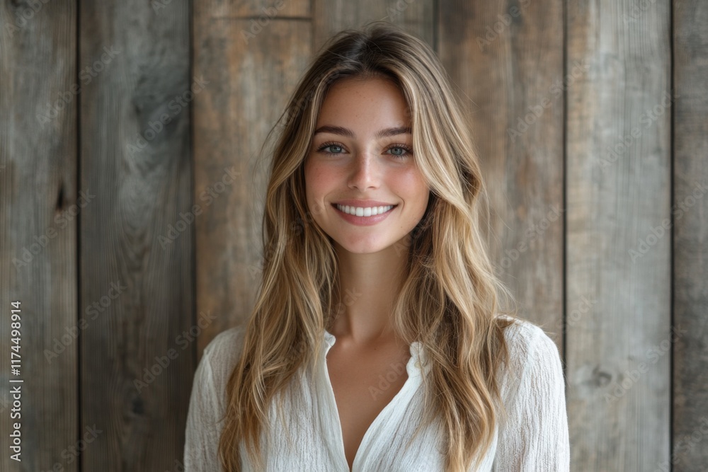 Fototapeta premium Portrait of a smiling woman with long blonde hair in soft light