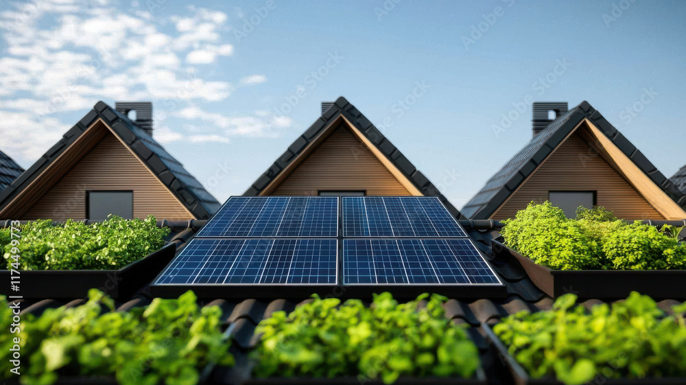 Green Economy and Sustainable Industry Transition Concept, Sustainable rooftops with solar panels and greenery for eco friendly living Green Economy and Sustainable Industry Transition Concept, Sustainable rooftops with solar panels and greenery for eco friendly living