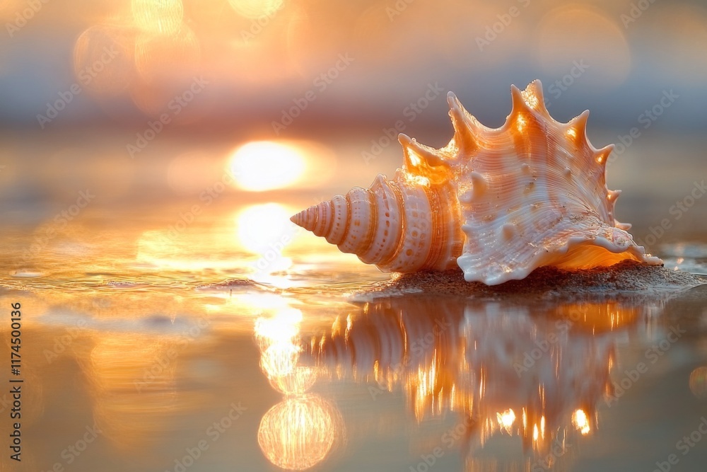 Golden seashell resting on wet sand at sunrise Golden seashell resting on wet sand at sunrise