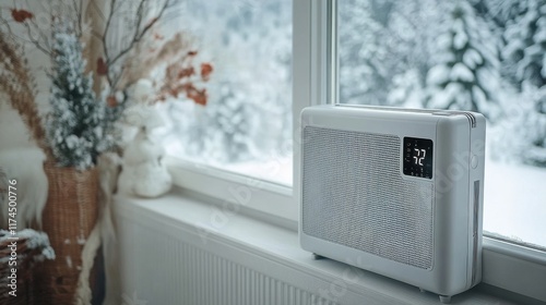 Wallpaper Mural An energy-efficient heater with a digital display, positioned near a window with cold weather visible outside, offering warmth and comfort for the home. Torontodigital.ca