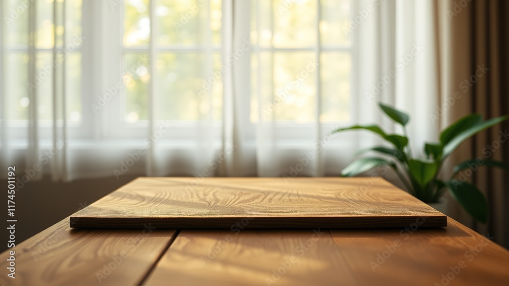 Fototapeta premium Empty Wood Tabletop, Blurred Window Curtain, Garden Sunlight, Product Display, Design Layout