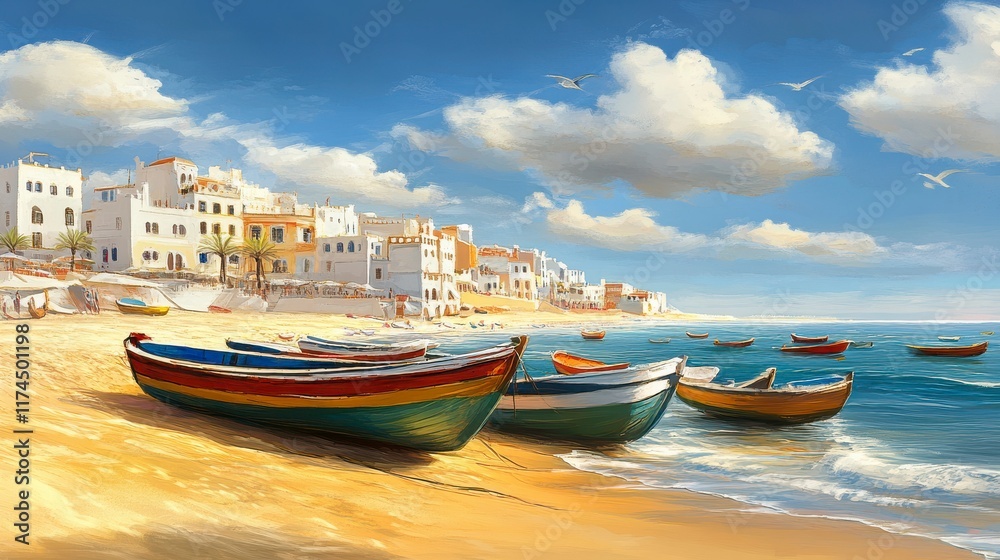 Fototapeta premium Colorful Fishing Boats on Sandy Beach with Charming Coastal Village in the Background Under Blue Sky and Fluffy Clouds, Perfect for Travel and Nature Imagery