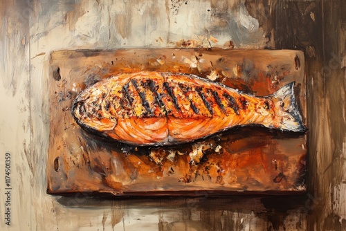 Grilled Salmon on Rustic Wooden Cutting Board photo