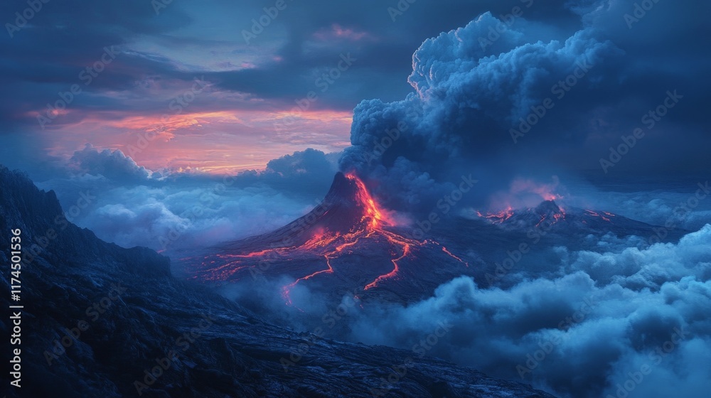Fototapeta premium Erupting volcano at dusk with flowing lava and illuminated clouds in a dramatic landscape
