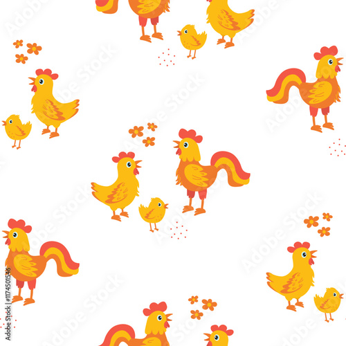 Colorful farmyard poultry pattern with chickens and roosters on a white background