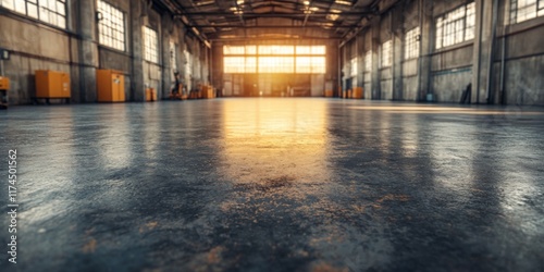 Spacious industrial warehouse interior with sunlight streaming in photo