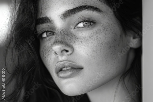 Grayscale portrait of a young woman with freckles and a natural expression photo