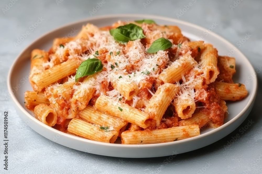 Rigatoni pasta with tomato sauce and parmesan garnished with basil leaves on a plate Rigatoni pasta with tomato sauce and parmesan garnished with basil leaves on a plate