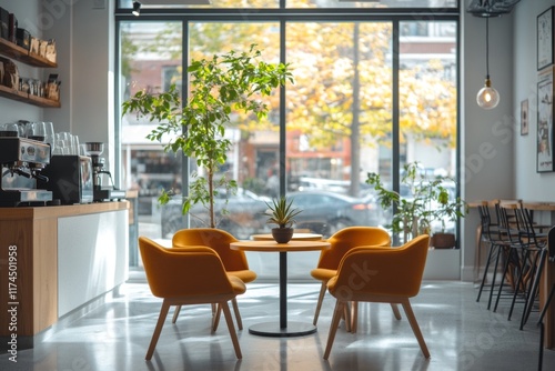 Modern dining area with vibrant orange chairs and a sunlit table photo