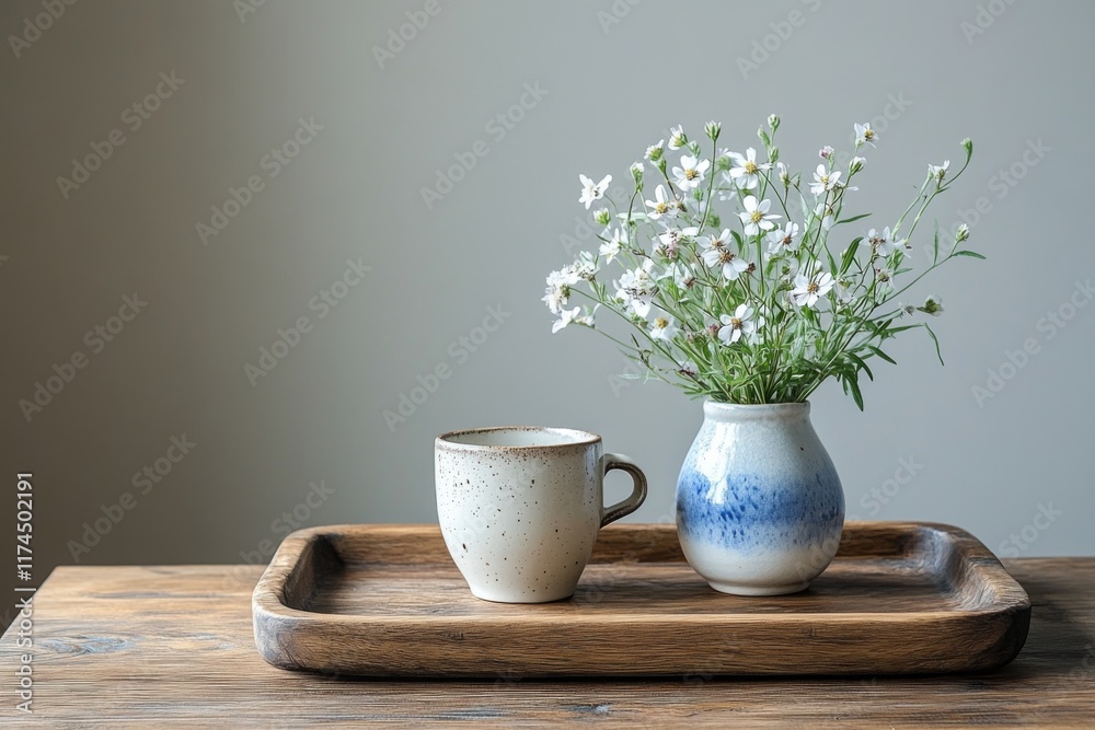 Fototapeta premium Simple breakfast setting with a ceramic mug and fresh flowers