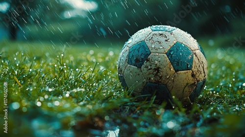 Soccer ball on wet grass outdoor sports event close-up photography rainy weather ground level nature's challenge