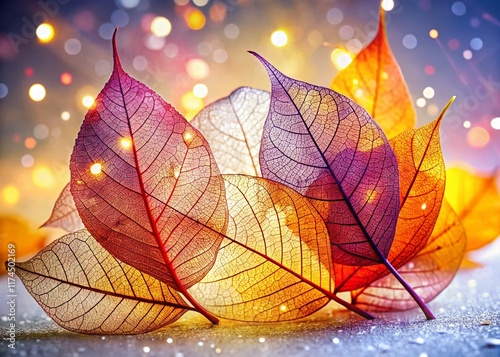 Colorful Autumn Skeleton Leaves with Bokeh, White Background - Stock Photo