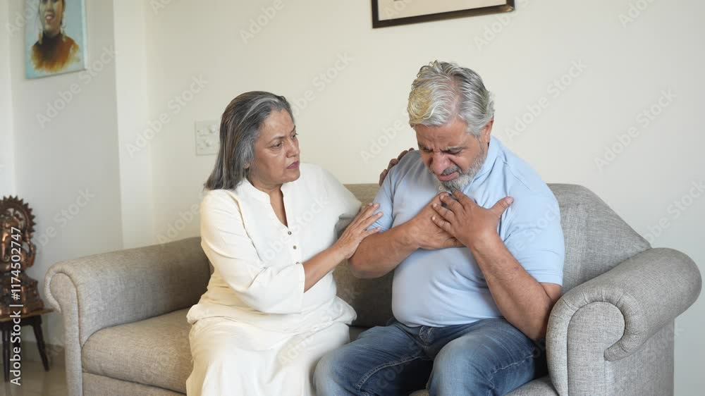 Mature indian woman, wife calling emergency, as her old husband having heart attack at home,senior man touching chest, suffering from heartache disease feeling pain
