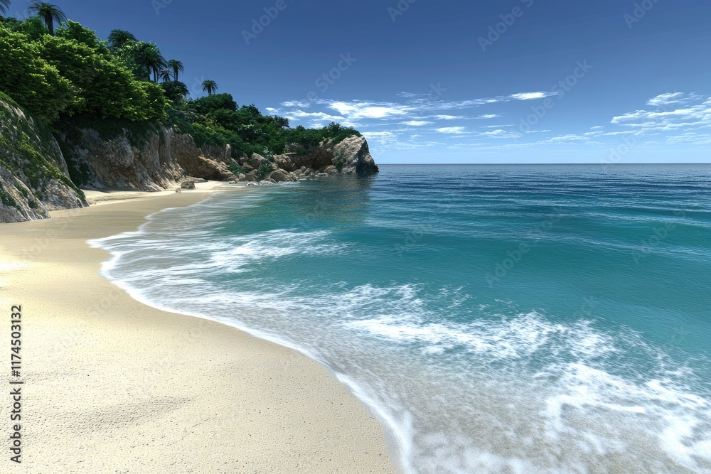 Serene beach scene with clear water and lush greenery under a bright sky. Serene beach scene with clear water and lush greenery under a bright sky.