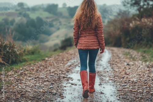 Rear view of a woman walking on a dirt path in nature photo