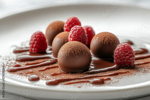 Chocolate truffles with cocoa powder and fresh raspberries photo