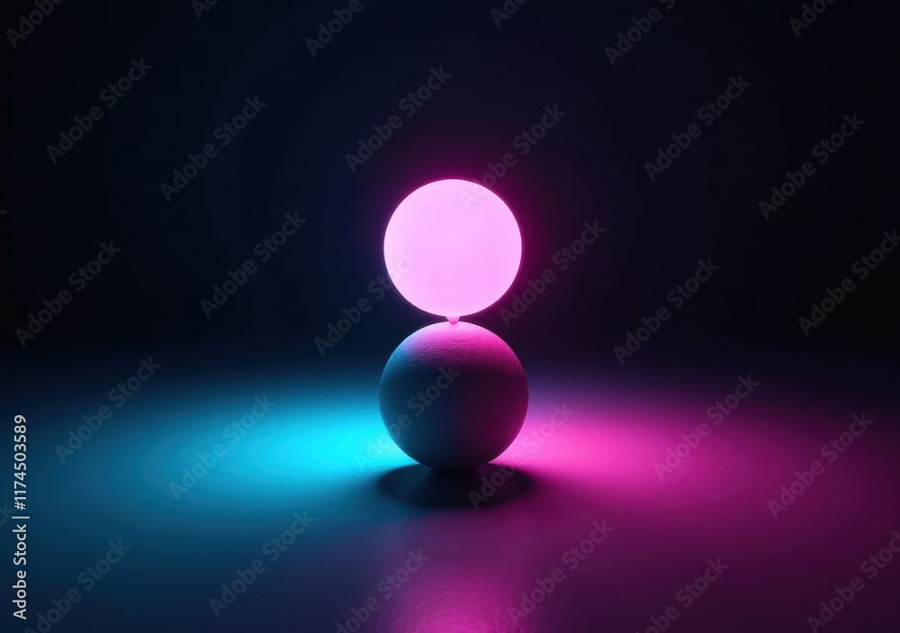 Colorful spheres illuminated by pink and blue light create a visually striking composition