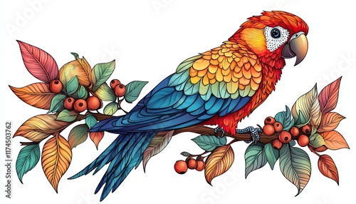 Vivid parrot perched on a leafy branch with berries. Ideal for nature-themed designs, apparel, or stationery. photo