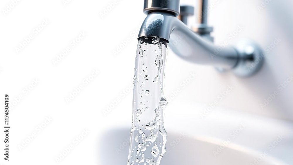 Faucet Water Flow Realistic Illustration - White Background, Bright Colors, Detailed