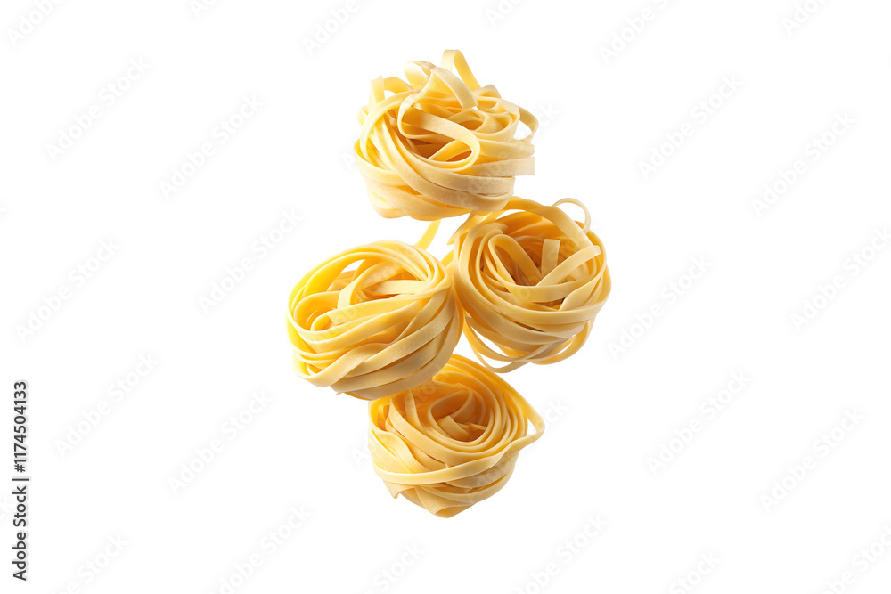Uncooked Fettuccine Pasta Nests on Transparent Background - Authentic Italian Cuisine with Fresh Durum Wheat and Egg Ribbons Uncooked Fettuccine Pasta Nests on Transparent Background - Authentic Italian Cuisine with Fresh Durum Wheat and Egg Ribbons