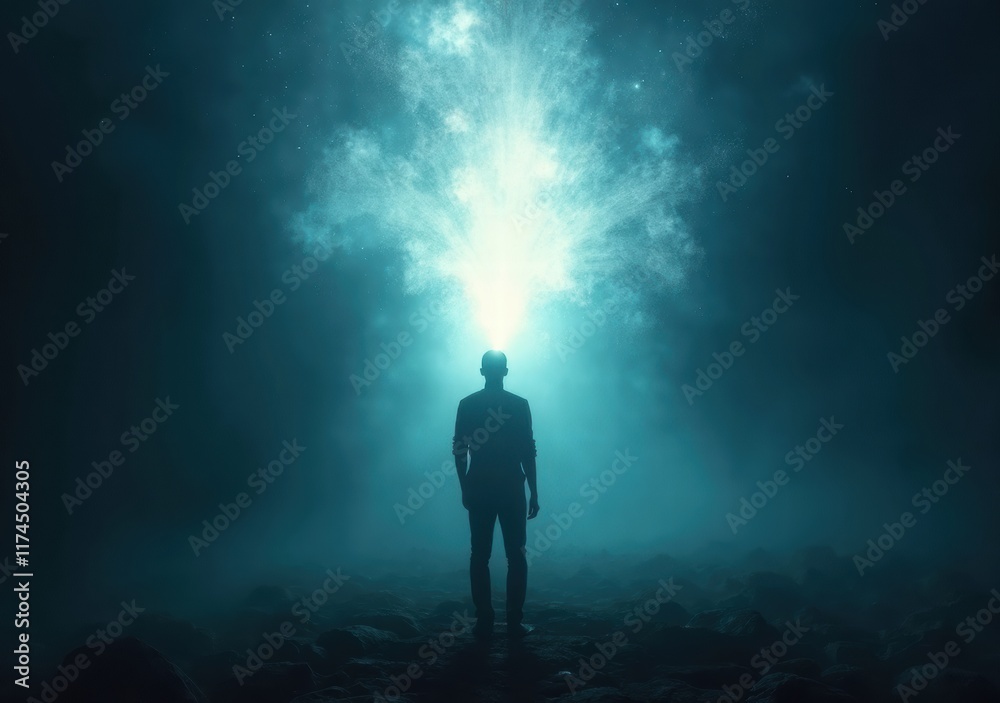 Person standing in misty landscape with bright light surrounding them at night Person standing in misty landscape with bright light surrounding them at night