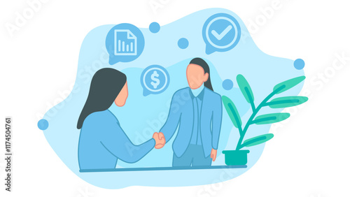 Two career women who work together, all agree on a good deal to gain benefits. Vector illustration in flat design style