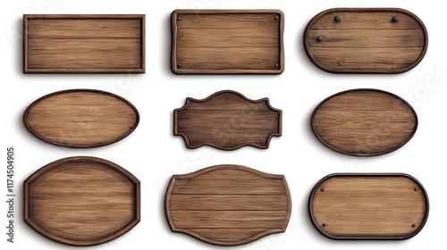 Fototapeta Naklejka Na Ścianę i Meble -  Wood texture sign board vector realistic banner set. Isolated rustic farm or saloon frame design. Empty signboard plaque template with nail, collection for menu or message. Brown oval signage
