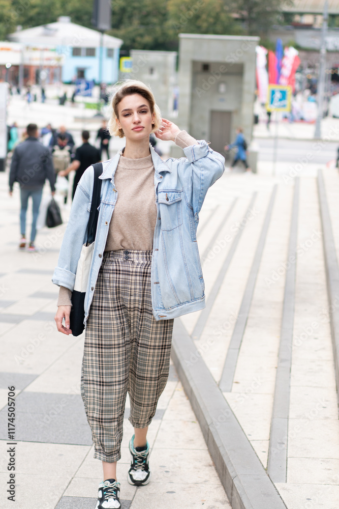 Obraz premium young beautiful woman posing in blue denim jacket outside