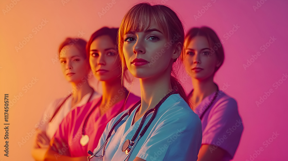 Empowering Portrait of Confident Nurses in Scrubs with Stethoscopes Highlighting Unity, Strength, and Dedication in Healthcare Amidst Vibrant Sunset Colors Empowering Portrait of Confident Nurses in Scrubs with Stethoscopes Highlighting Unity, Strength, and Dedication in Healthcare Amidst Vibrant Sunset Colors