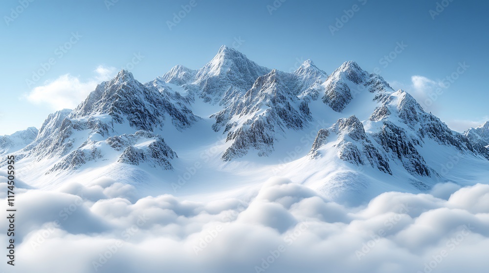 Fototapeta premium Stunning 3D Render: Majestic Snow-Capped Mountains Rising Above Serene Cloudscape. AI Generated