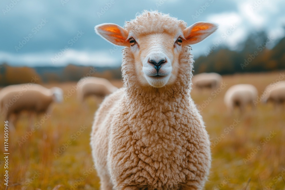 Fototapeta premium Cute lamb in a green field under a sunny blue sky
