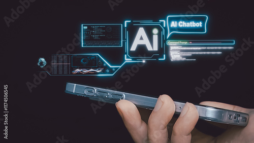 business man holding a mobile phone Showcasing technology from Artificial Intelligence, cutting-edge holographic graphics extend beyond the screen. Business data analysis assistant technology concept