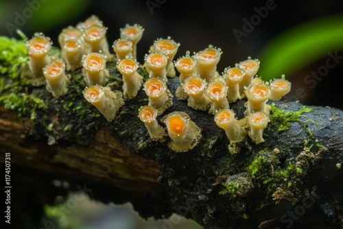 Closeup of small mushrooms growing on a mossy log in the forest photo