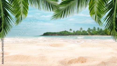 Tropical beach paradise, white sandy shore, crystal clear turquoise ocean, lush green palm fronds, distant island, serene atmosphere, sunny day, tranquil seascape, idyllic vacation destination, photor photo