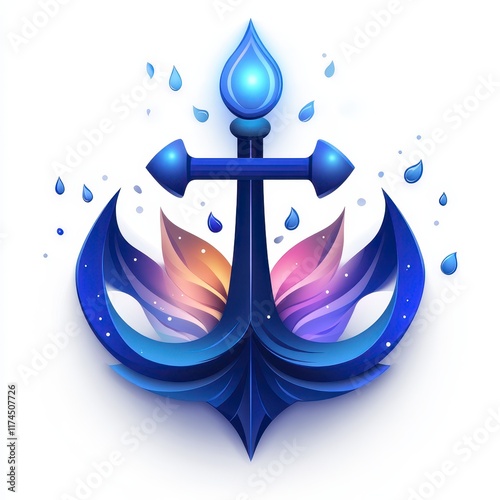 Blue anchor with flame-like design and water droplets. photo