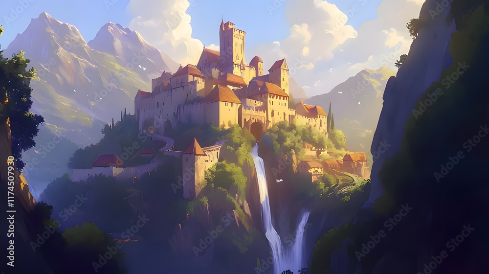 Obraz premium A majestic castle atop a cliff, surrounded by mountains and a waterfall, evoking fantasy.