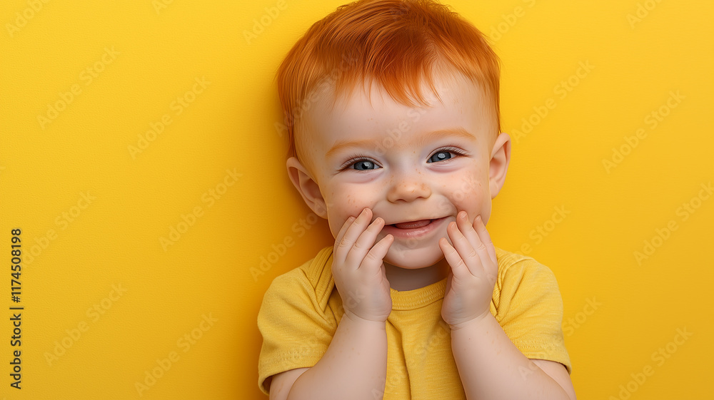 A white male toddler with blue eyes joyfully smiles for the camera in a studio
A white male toddler with blue eyes joyfully smiles for the camera in a studio