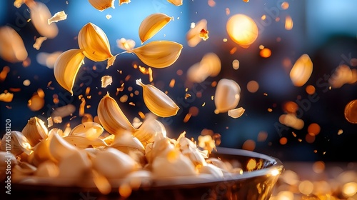 Eco-friendly Gourmet Ingredient, Captivating Cascade of Garlic Cloves in Motion photo