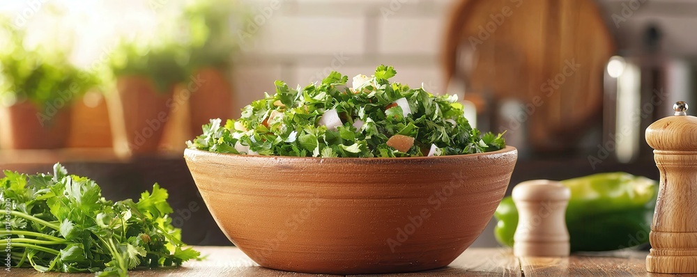 Fresh and Vibrant Green Salad with Herbs and Nuts in Rustic Bowl on Wooden Table