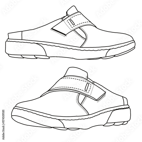 Women's mules slip on shoes Line art, Technical sketch hand drawing outline vector doodle side view isolated on white background for coloring page photo