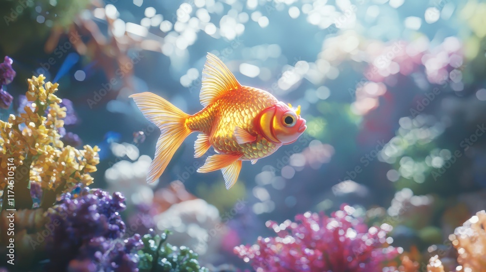 Fototapeta premium Vibrant goldfish swimming in coral reef underwater scene hyperrealistic art tropical ocean bright colors joyful concept