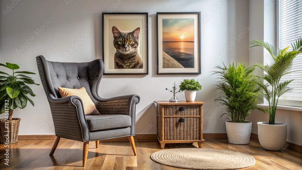 Cozy Living Room Interior: Wingback Chair, Wicker Accent, Black & White Cat Photo Print Cozy Living Room Interior: Wingback Chair, Wicker Accent, Black & White Cat Photo Print