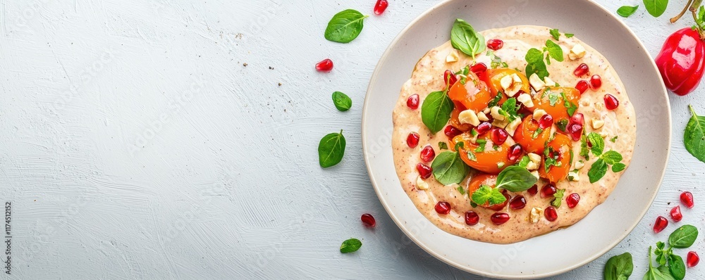 Fresh Salad with Tomatoes, Pomegranate, Herbs and Nuts on Grey Background Fresh Salad with Tomatoes, Pomegranate, Herbs and Nuts on Grey Background