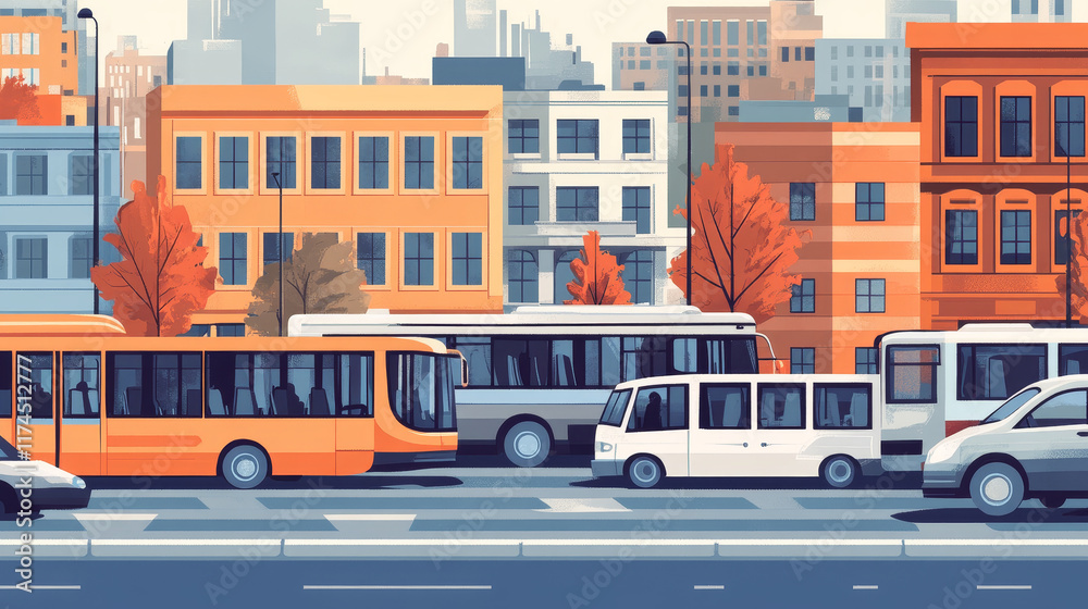 Fototapeta premium Banner with isometric transport, bus, mini van and car. Vector flat illustration of public passenger vehicles and automobiles. Concept of transportation, city traffic, taxi and travel