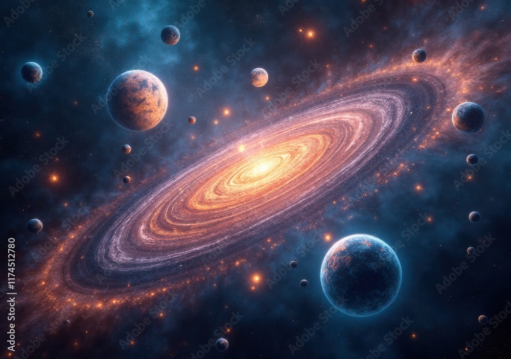 Glimpse of a vibrant galaxy surrounded by planets and stars in deep space Glimpse of a vibrant galaxy surrounded by planets and stars in deep space