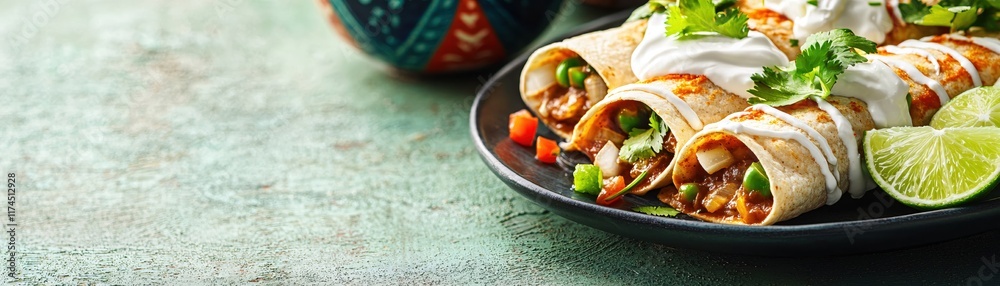 Deliciously Crafted Chicken Enchiladas with Sour Cream and Fresh Cilantro on Rustic Table Deliciously Crafted Chicken Enchiladas with Sour Cream and Fresh Cilantro on Rustic Table