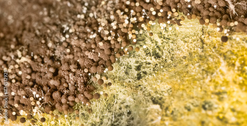 Penicillin and aspergillum mold on bread. Colonies of species of mold fungi, young (white), yellow Aspergillus flavus, green - Penicillum. Aspergillus niger ripe black round sporangia. Ultramacro photo