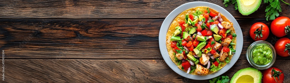 Fresh Colorful Salad with Vegetables and Chicken on Wooden Table with Green Sauce and Tomatoes Fresh Colorful Salad with Vegetables and Chicken on Wooden Table with Green Sauce and Tomatoes