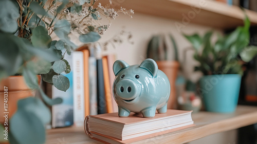 Safe box with piggy bank and books on table near beige wall at hom
